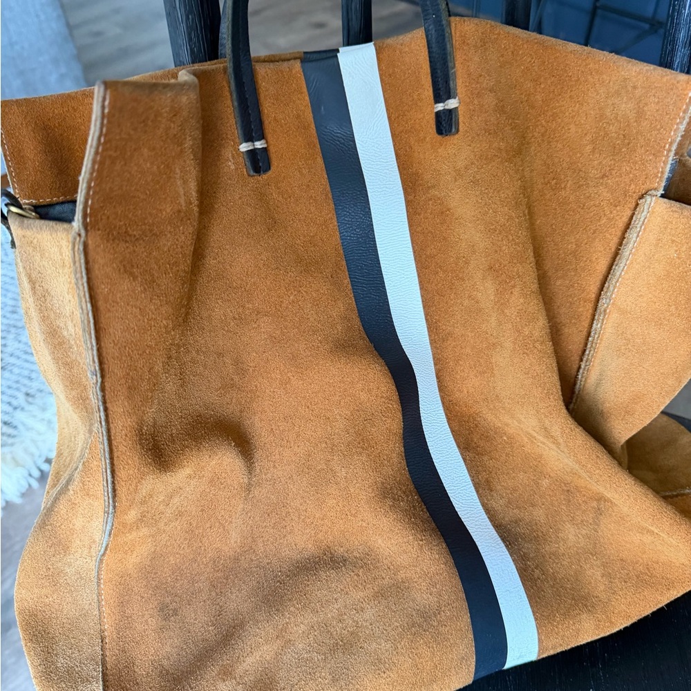 Clare V Suede Tote Bag with Black and White Stripe
